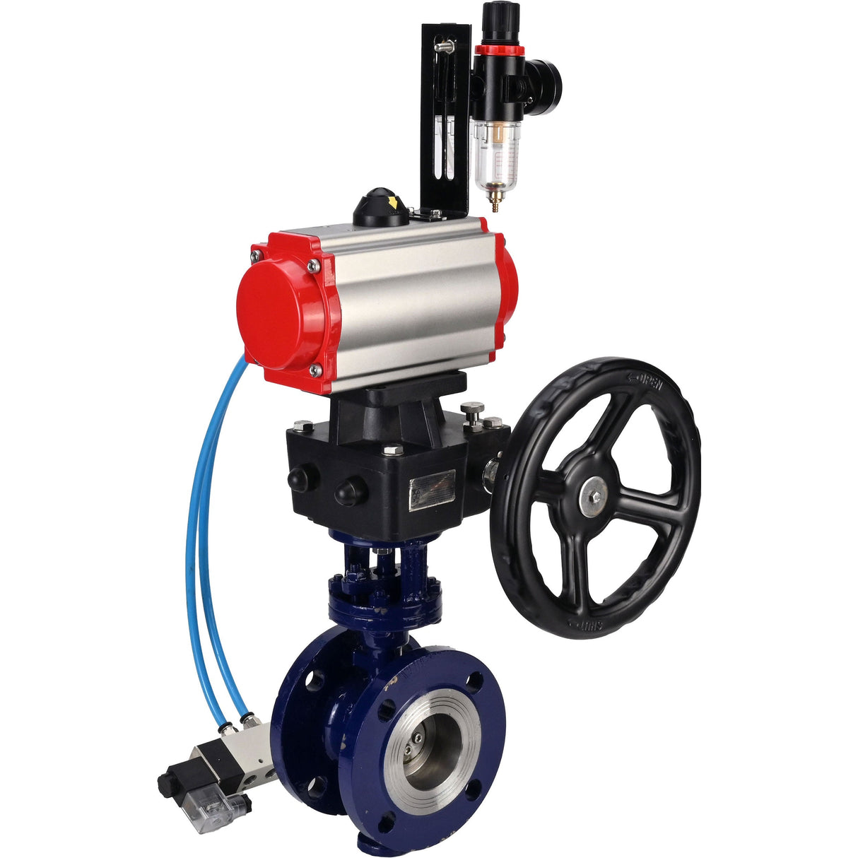 Water Butterfly Valve Elephant WBV3EX-3432M-1W-F-ISO, body material - Carbon steel, disk material - Stainless steel AISI 316, seal - Metal, pneumatic actuator PA-DA double action, 4V320-10 220V handwheel MON, ATU AFC2000