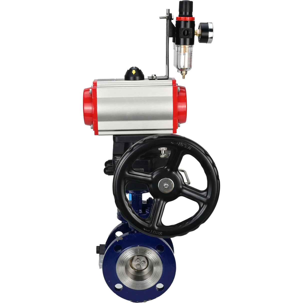 Water Butterfly Valve Elephant WBV3EX-3431M-1W-F-ISO, body material - Carbon steel, disk material - Stainless steel AISI 304, seal - Metal, pneumatic actuator PA-DA double action, 4V320-10 220V handwheel MON, ATU AFC2000