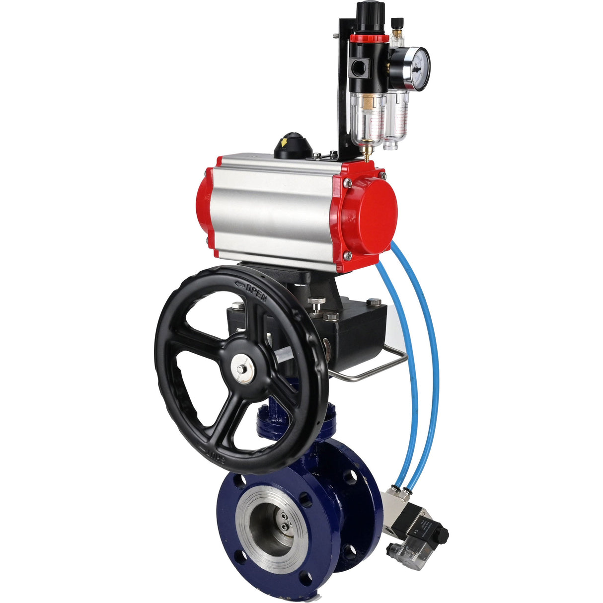 Water Butterfly Valve Elephant WBV3EX-3431M-1W-F-ISO, body material - Carbon steel, disk material - Stainless steel AISI 304, seal - Metal, pneumatic actuator PA-DA double action, 4V320-08 220V handwheel MON, ATU AFC2000