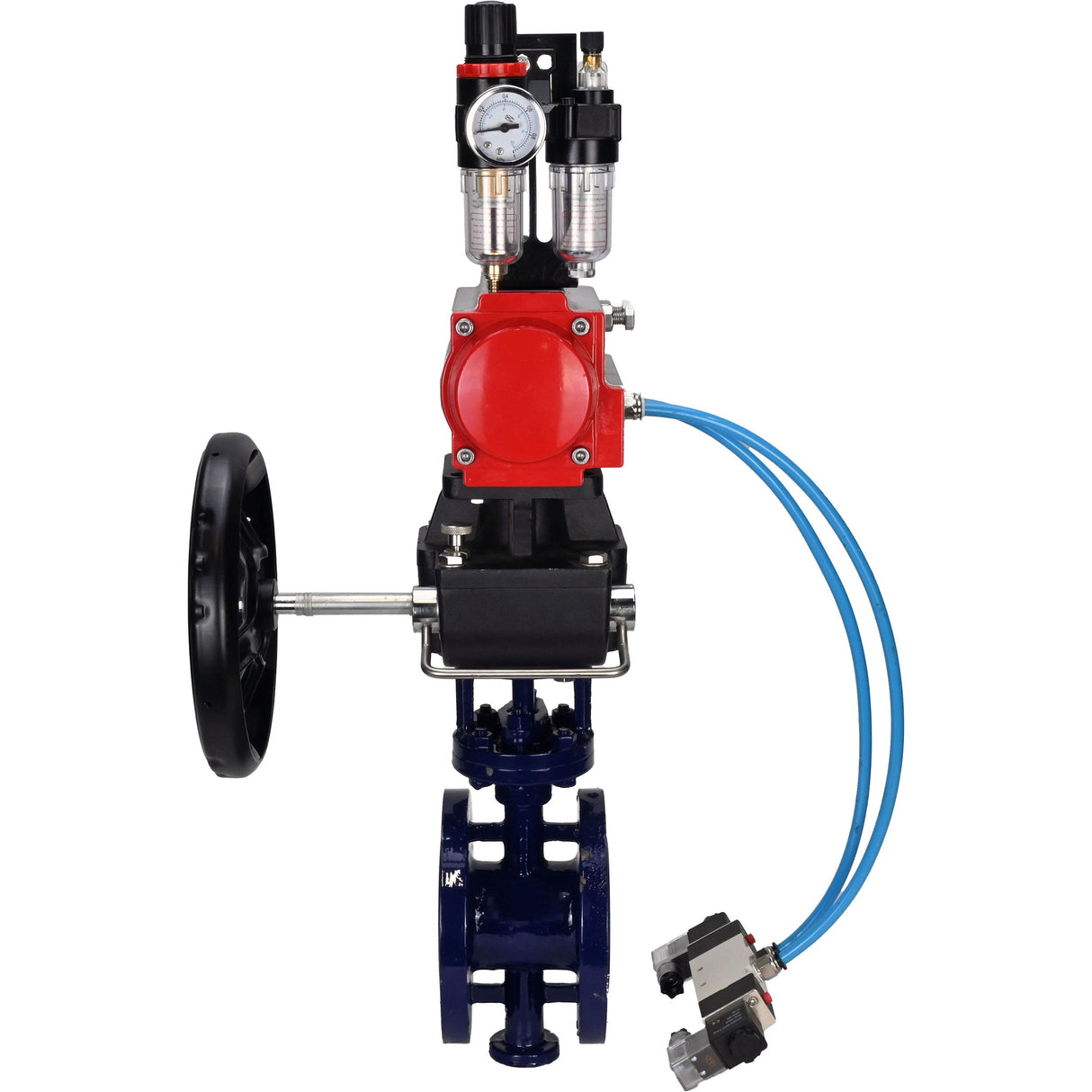 Water Butterfly Valve Elephant WBV3EX-3432M-1W-F-ISO, body material - Carbon steel, disk material - Stainless steel AISI 316, seal - Metal, pneumatic actuator PA-DA double action, 4V320-08 220V handwheel MON, ATU AFC2000