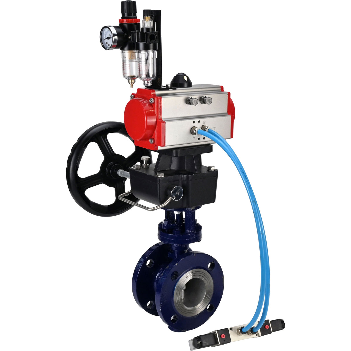 Water Butterfly Valve Elephant WBV3EX-3431M-1W-F-ISO, body material - Carbon steel, disk material - Stainless steel AISI 304, seal - Metal, pneumatic actuator PA-DA double action, 4V320-10 220V handwheel MON, ATU AFC2000