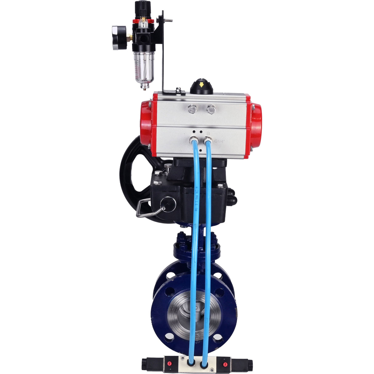 Water Butterfly Valve Elephant WBV3EX-3432M-1W-F-ISO, body material - Carbon steel, disk material - Stainless steel AISI 316, seal - Metal, pneumatic actuator PA-DA double action, 4V320-10 220V handwheel MON, ATU AFC2000