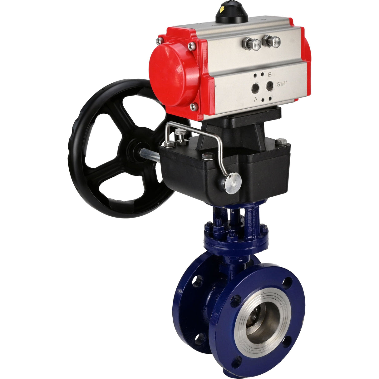 Water Butterfly Valve Elephant WBV3EX-3431M-1W-F-ISO, body material - Carbon steel, disk material - Stainless steel AISI 304, seal - Metal, pneumatic actuator PA-DA double action handwheel MON,