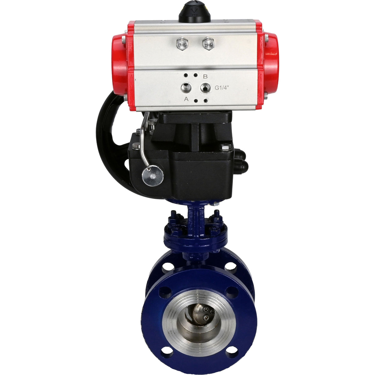 Water Butterfly Valve Elephant WBV3EX-3431M-1W-F-ISO, body material - Carbon steel, disk material - Stainless steel AISI 304, seal - Metal, pneumatic actuator PA-DA double action handwheel MON,