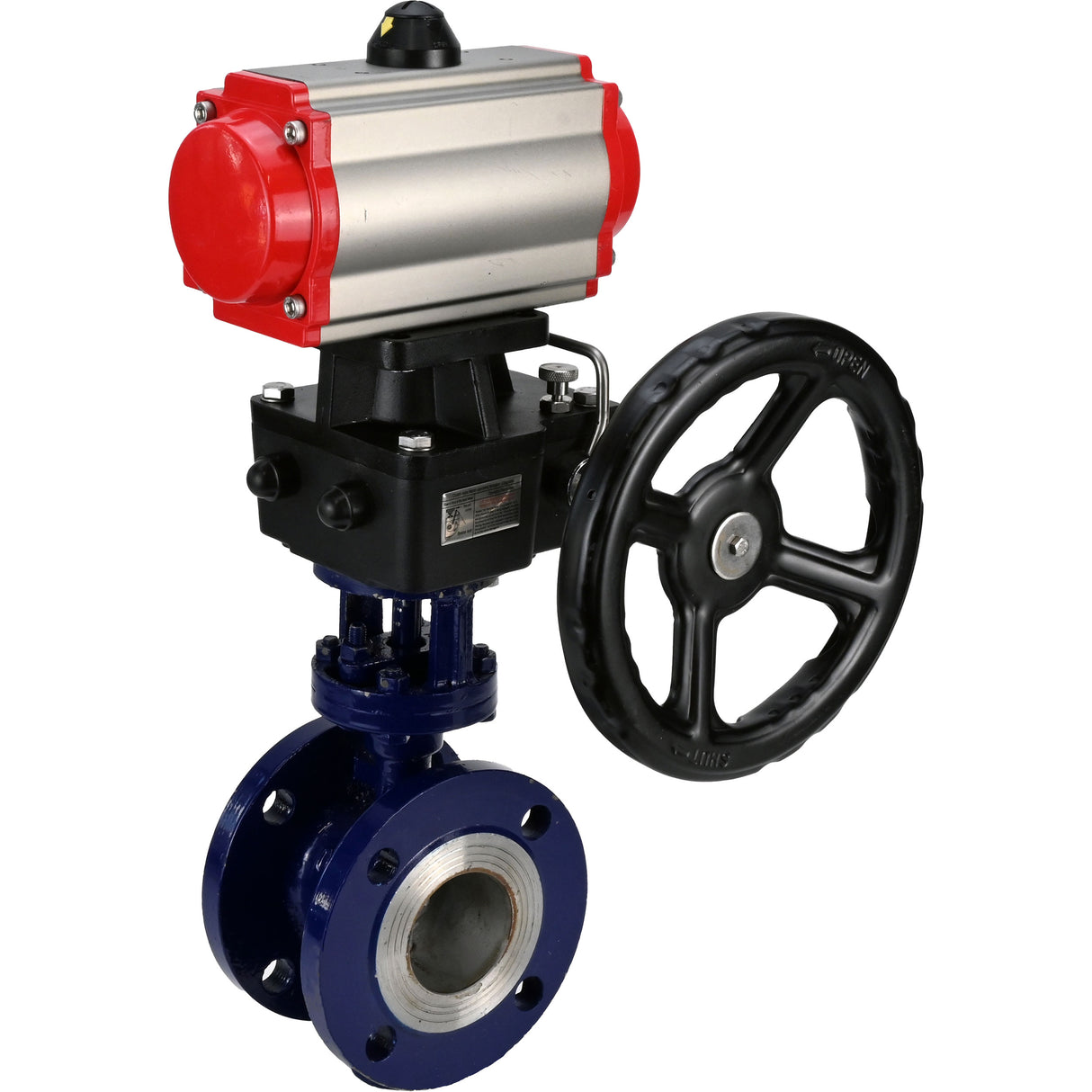 Water Butterfly Valve Elephant WBV3EX-3432M-1W-F-ISO, body material - Carbon steel, disk material - Stainless steel AISI 316, seal - Metal, pneumatic actuator PA-DA double action handwheel MON