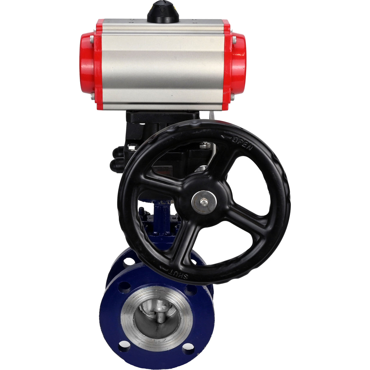Water Butterfly Valve Elephant WBV3EX-3432M-1W-F-ISO, body material - Carbon steel, disk material - Stainless steel AISI 316, seal - Metal, pneumatic actuator PA-DA double action handwheel MON