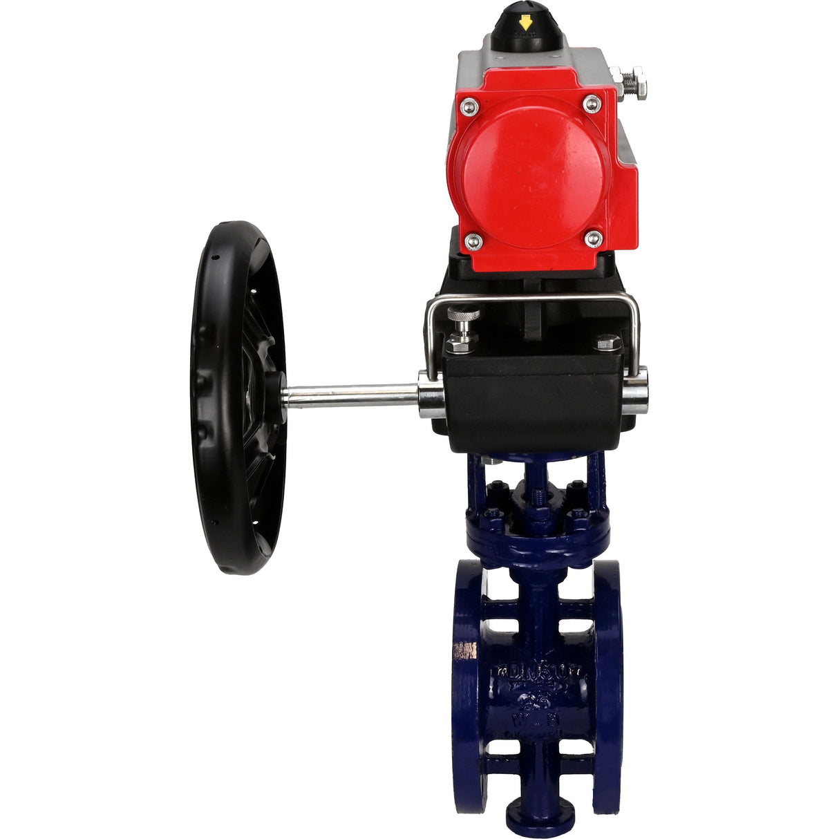 Water Butterfly Valve Elephant WBV3EX-3432M-1W-F-ISO, body material - Carbon steel, disk material - Stainless steel AISI 316, seal - Metal, pneumatic actuator PA-DA double action handwheel MON