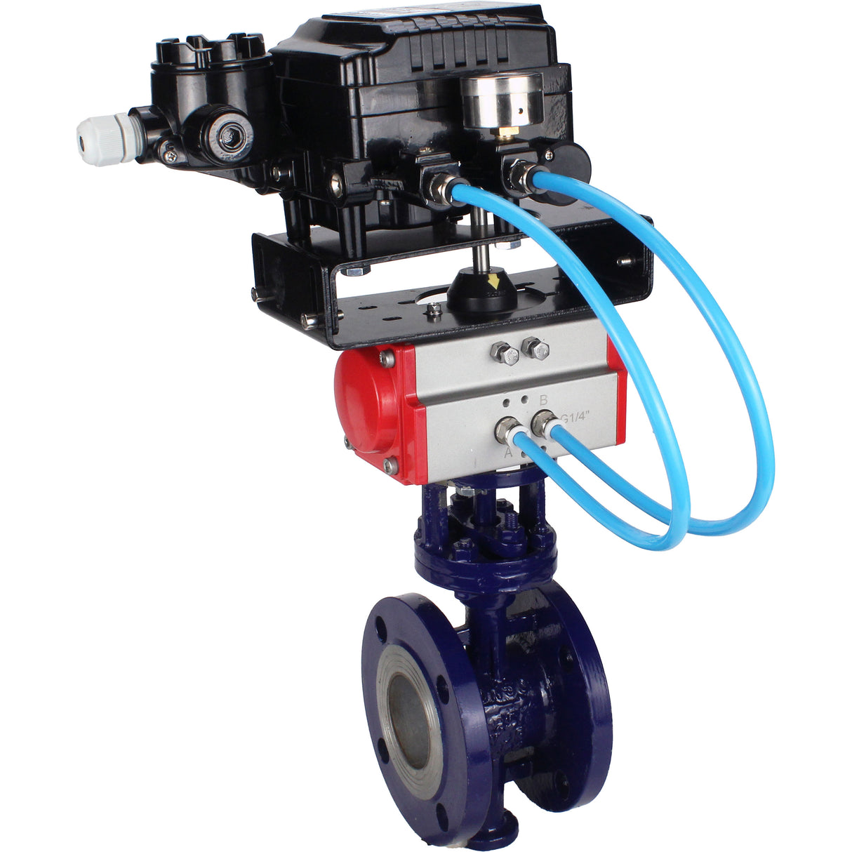 Water Butterfly Valve Elephant WBV3EX-3431M-1W-F-ISO, body material - Carbon steel, disk material - Stainless steel AISI 304, seal - Metal, pneumatic actuator PA-SA with return springs, positioner YT-1000RSN with feedback