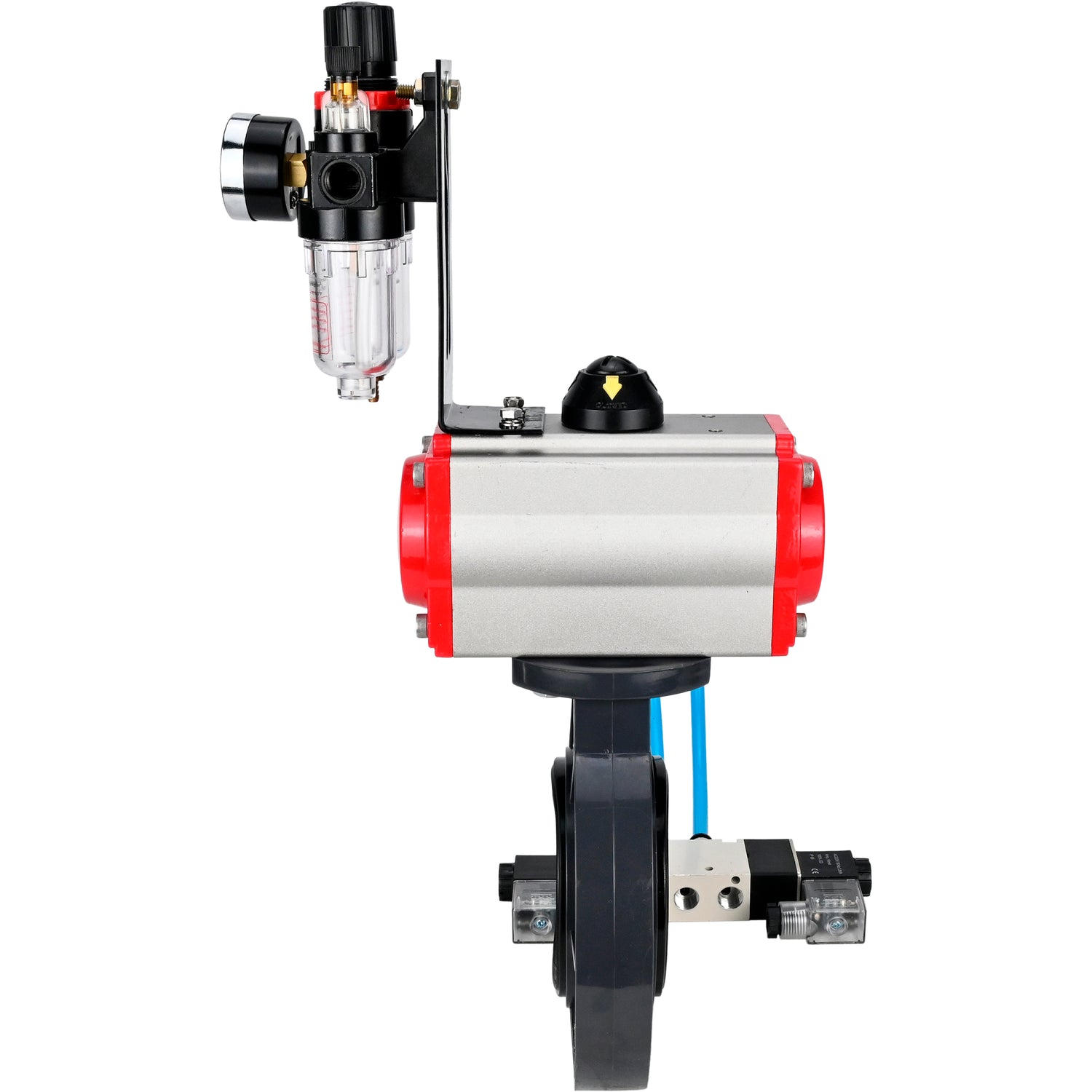 Butterfly valves Elephant WBV4242E-2W-Fb-ISO, body material - UPVC, disc material - UPVC, seal - EPDM, with pneumatic actuator double action PA-DA, pneumatic distributor 4V320-08 220V and ATU AFC2000