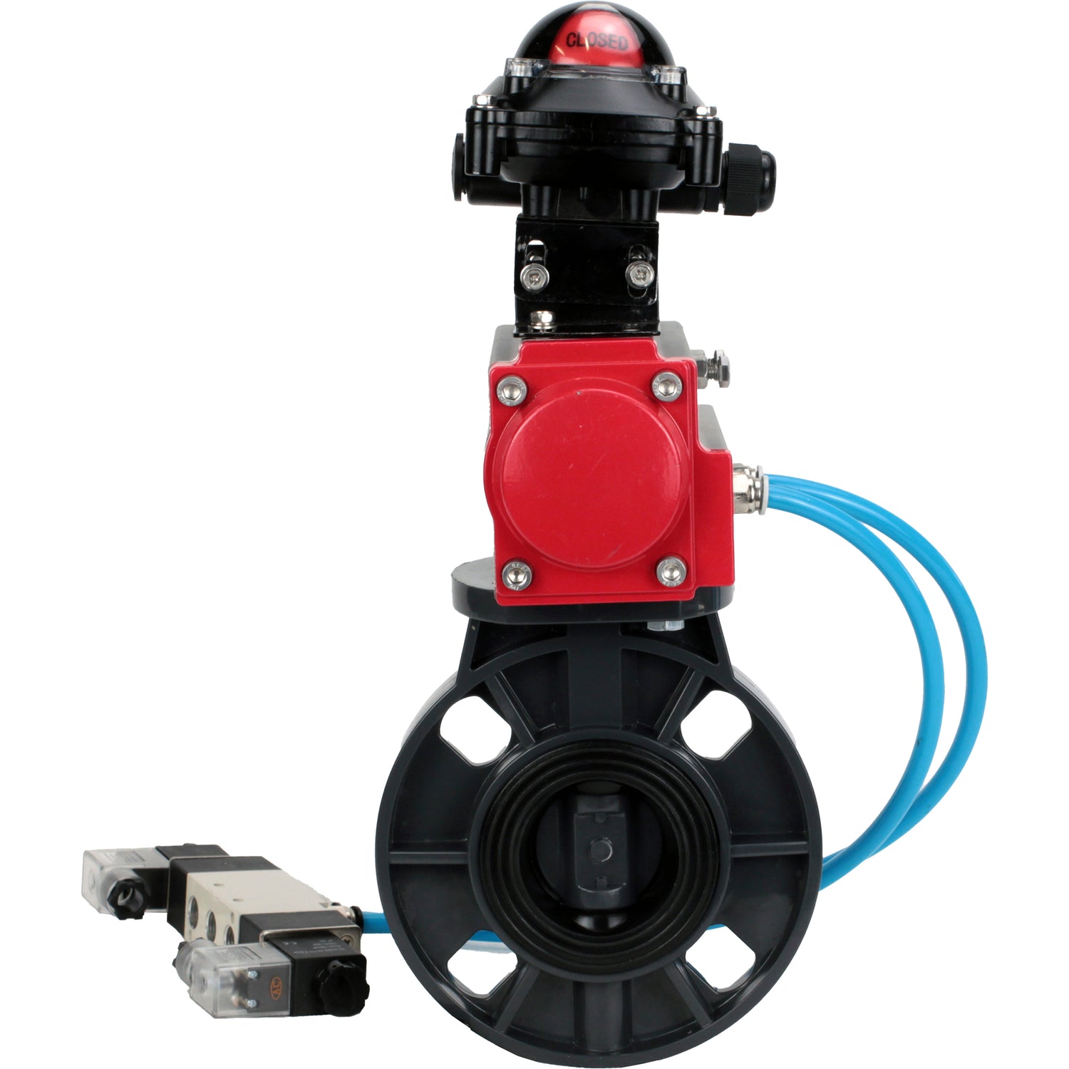 Butterfly valves Elephant WBV4242E-2W-Fb-ISO, body material - UPVC, disc material - UPVC, seal - EPDM, with pneumatic actuator double action PA-DA, pneumatic distributor 4V320-08 220V and LSU APL-210N EX