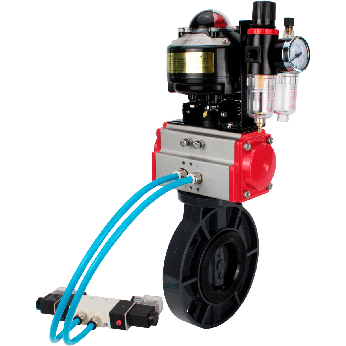 Butterfly valves Elephant WBV4242E-2W-Fb-ISO, body material - UPVC, disc material - UPVC, seal - EPDM, with pneumatic actuator double action PA-DA, pneumatic distributor 4V320-08 220V, LSU APL-510N EX and ATU AFC2000