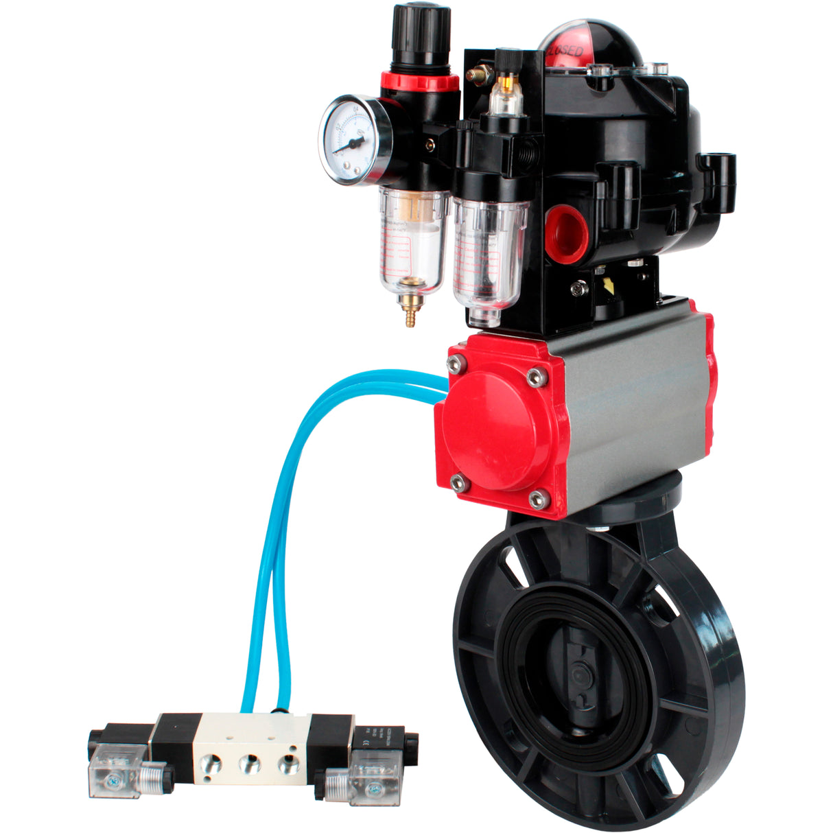 Butterfly valves Elephant WBV4242E-2W-Fb-ISO, body material - UPVC, disc material - UPVC, seal - EPDM, with pneumatic actuator double action PA-DA, pneumatic distributor 4V320-08 220V, LSU APL-510N EX and ATU AFC2000