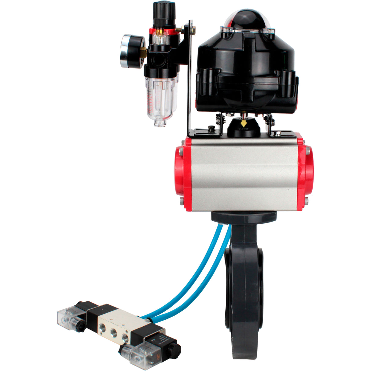 Butterfly valves Elephant WBV4242E-2W-Fb-ISO, body material - UPVC, disc material - UPVC, seal - EPDM, with pneumatic actuator double action PA-DA, pneumatic distributor 4V320-08 220V, LSU APL-510N EX and ATU AFC2000
