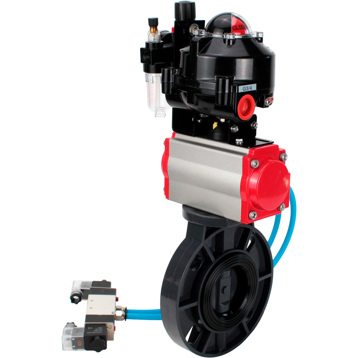 Butterfly valves Elephant WBV4242E-2W-Fb-ISO, body material - UPVC, disc material - UPVC, seal - EPDM, with pneumatic actuator double action PA-DA, pneumatic distributor 4V320-08 220V, LSU APL-510N EX and ATU AFC2000