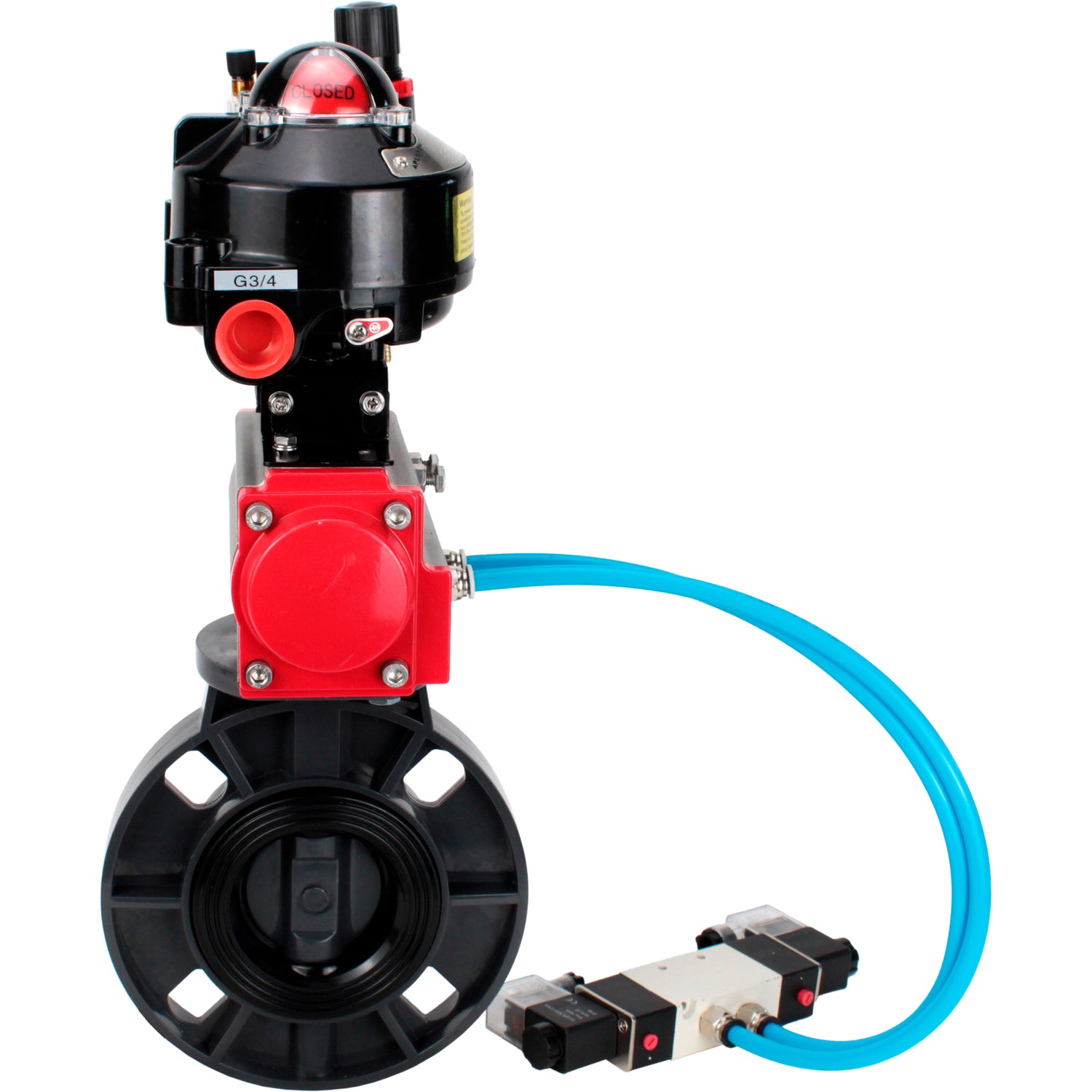Butterfly valves Elephant WBV4242E-2W-Fb-ISO, body material - UPVC, disc material - UPVC, seal - EPDM, with pneumatic actuator double action PA-DA, pneumatic distributor 4V320-08 220V, LSU APL-510N EX and ATU AFC2000