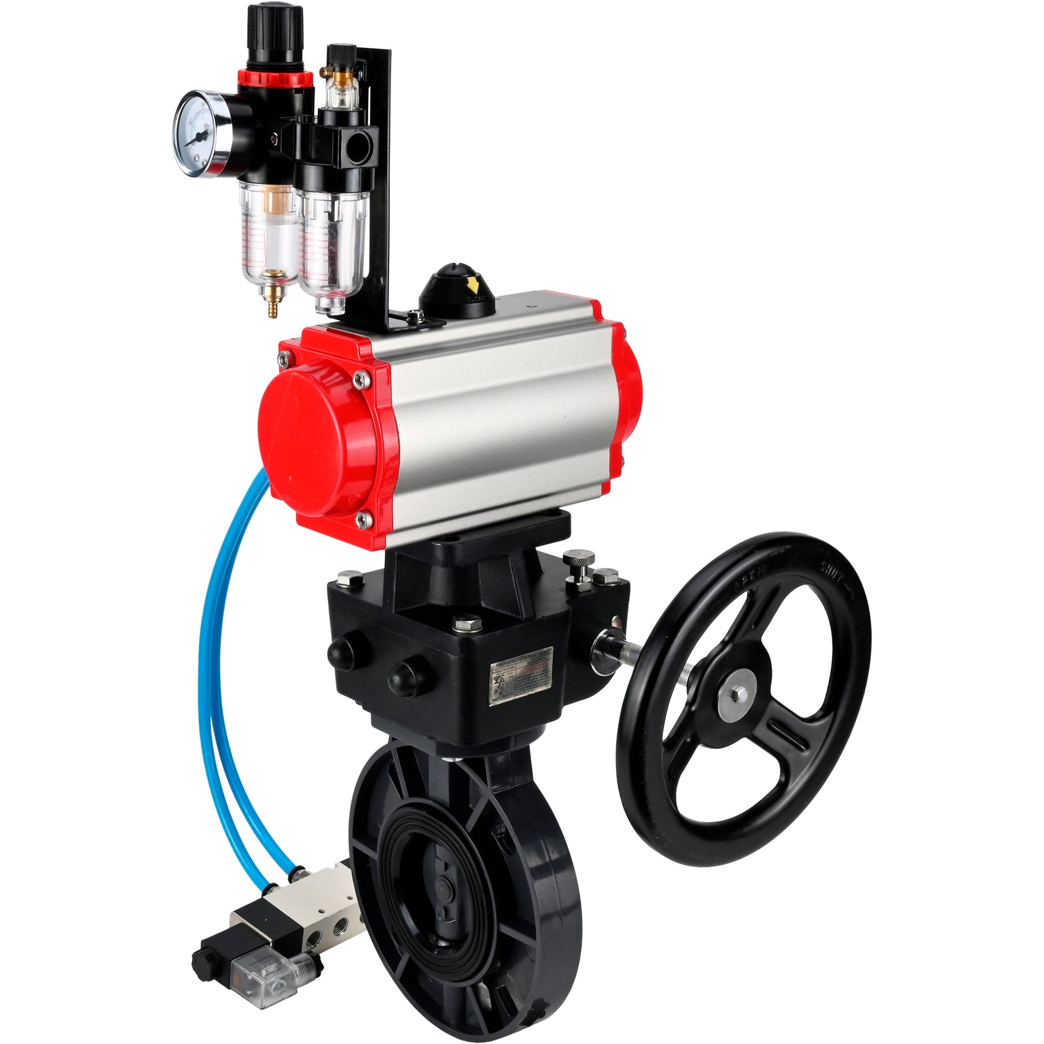 Butterfly valves Elephant WBV4242E-2W-Fb-ISO, body material - UPVC, disc material - UPVC, seal - EPDM, with pneumatic actuator double action PA-DA, pneumatic distributor 4V320-08 220V, ATU AFC2000 and handwheel MON