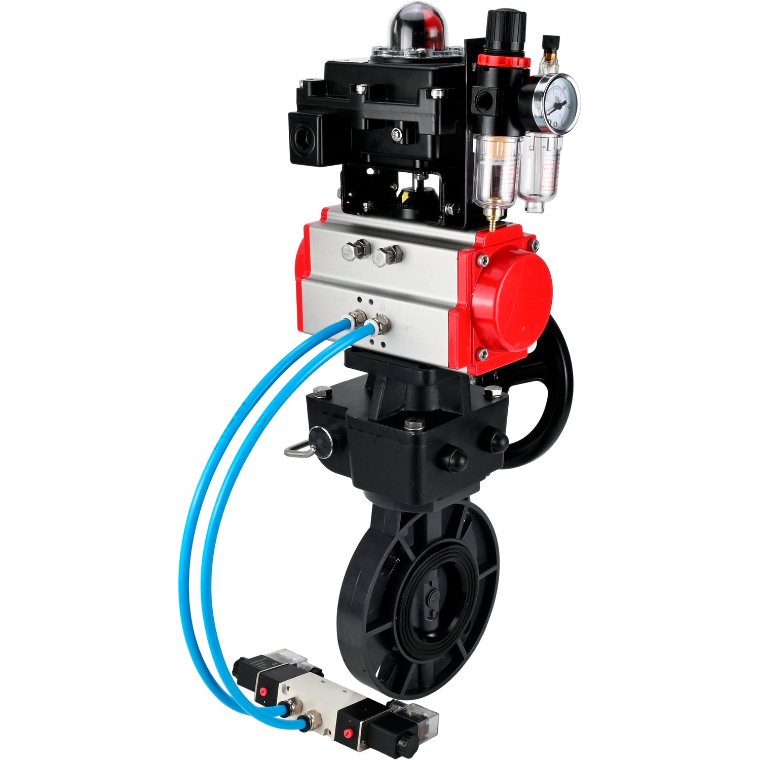 Butterfly valves Elephant WBV4242E-2W-Fb-ISO, body material - UPVC, disc material - UPVC, seal - EPDM, with pneumatic actuator double action PA-DA, pneumatic distributor 4V320-08 220V, LSU APL-410N EX, ATU AFC2000 and handwheel MON