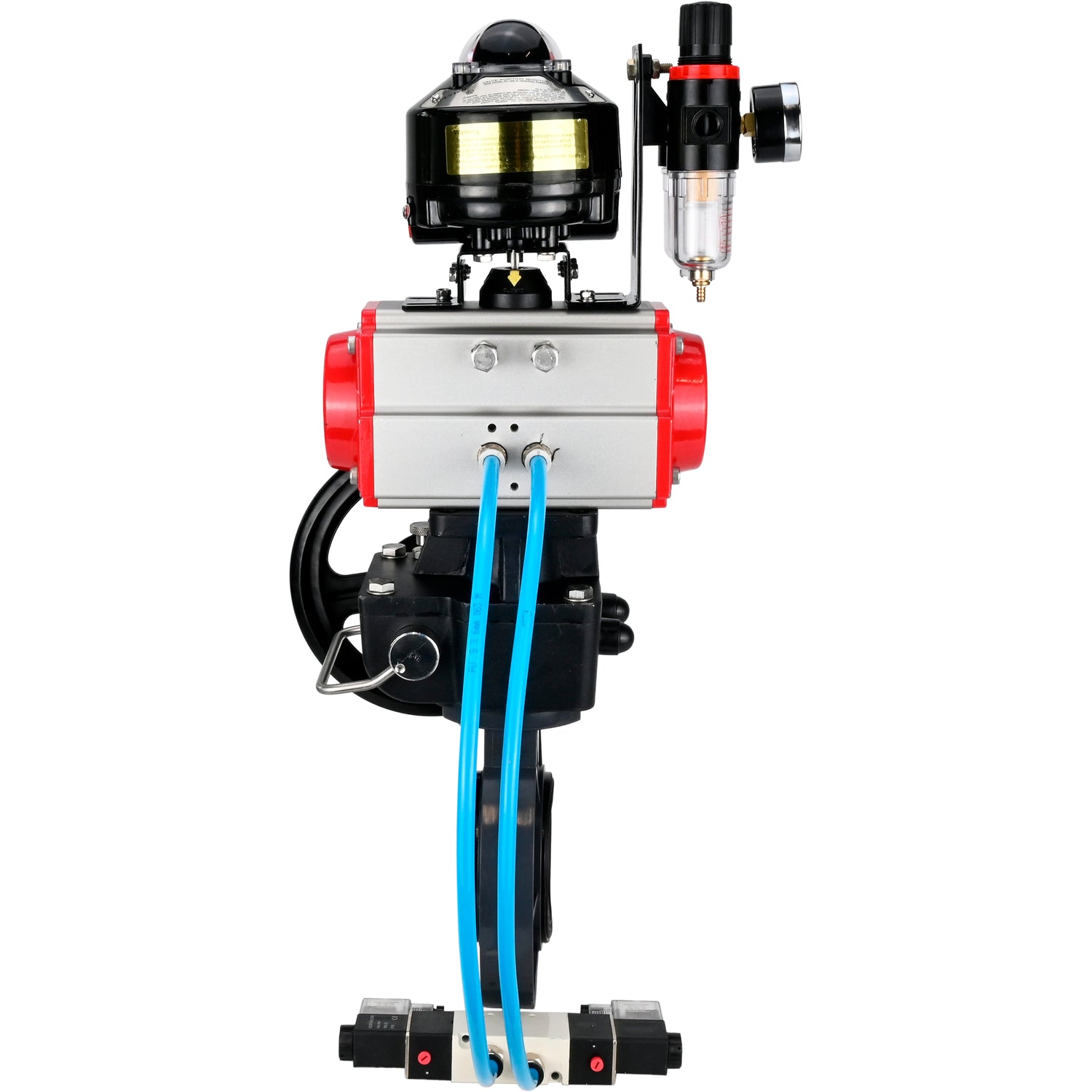 Butterfly valves Elephant WBV4242E-2W-Fb-ISO, body material - UPVC, disc material - UPVC, seal - EPDM, with pneumatic actuator double action PA-DA, pneumatic distributor 4V320-08 220V, LSU APL-510N EX, ATU AFC2000 and handwheel MON
