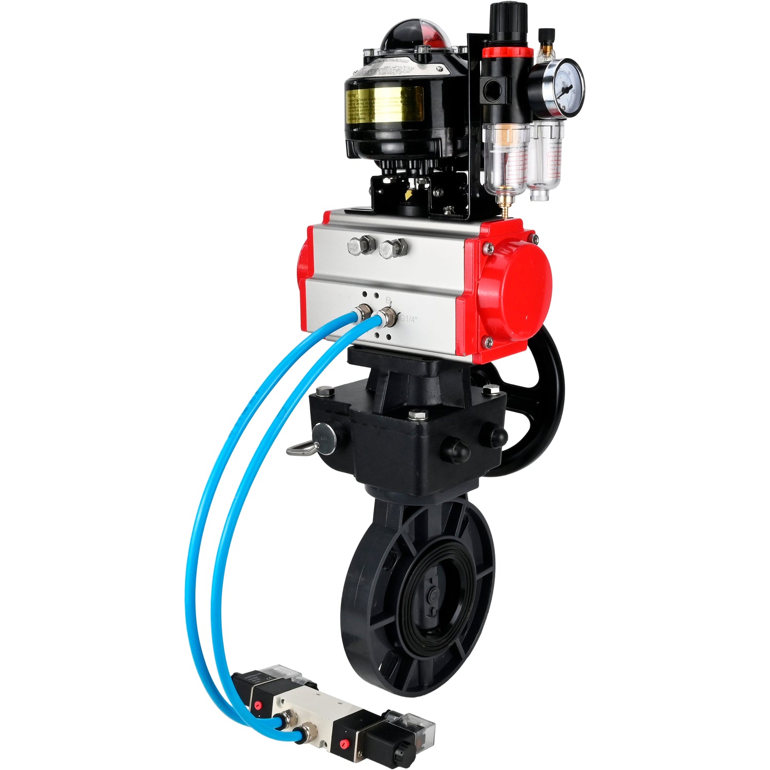 Butterfly valves Elephant WBV4242E-2W-Fb-ISO, body material - UPVC, disc material - UPVC, seal - EPDM, with pneumatic actuator double action PA-DA, pneumatic distributor 4V320-08 220V, LSU APL-510N EX, ATU AFC2000 and handwheel MON