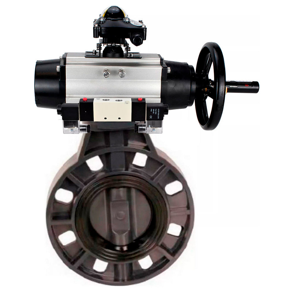 Butterfly valves Elephant WBV4242E-2W-Fb-ISO, body material - UPVC, disc material - UPVC, seal - EPDM, with pneumatic actuator double action PA-DA-105-1, pneumatic distributor 4V320-08 220V and LSU APL-210N EX