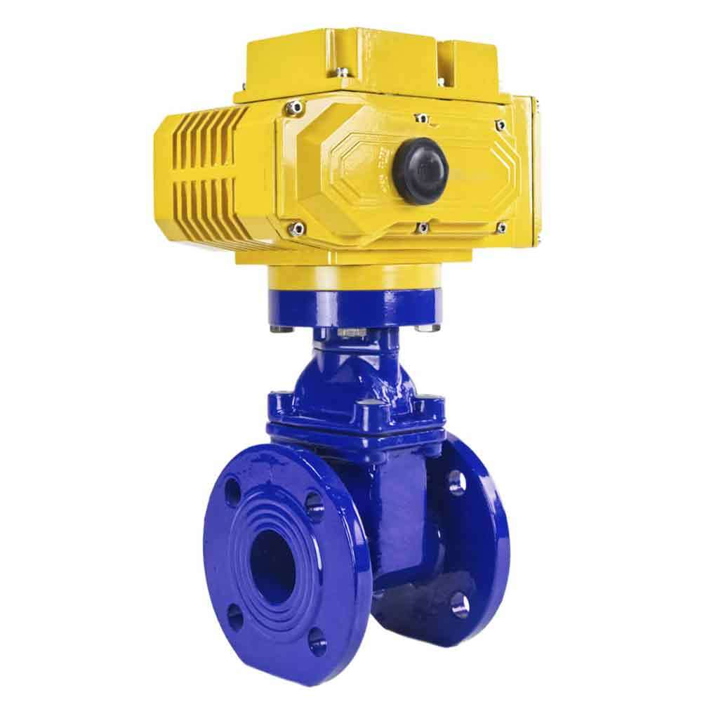 Wedge gate valve blue Elephant-GGG50-EPDM-F4-BLUE 16 bar class 150 T=230-248°F flange connection, with rubber lined wedge EPDM, electric actuator Elephant MT-110/220, 110/220V