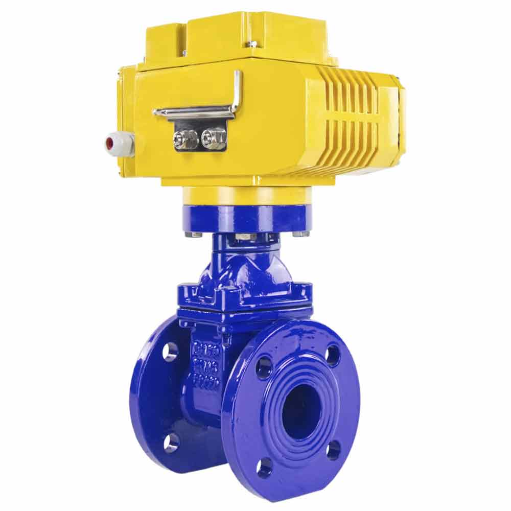 Wedge gate valve Elephant 16 bar flange connection, body material - cast iron GGG50, wedge material - rubber, seal - EPDM, color - blue, electric actuator MT-200-220, 220V