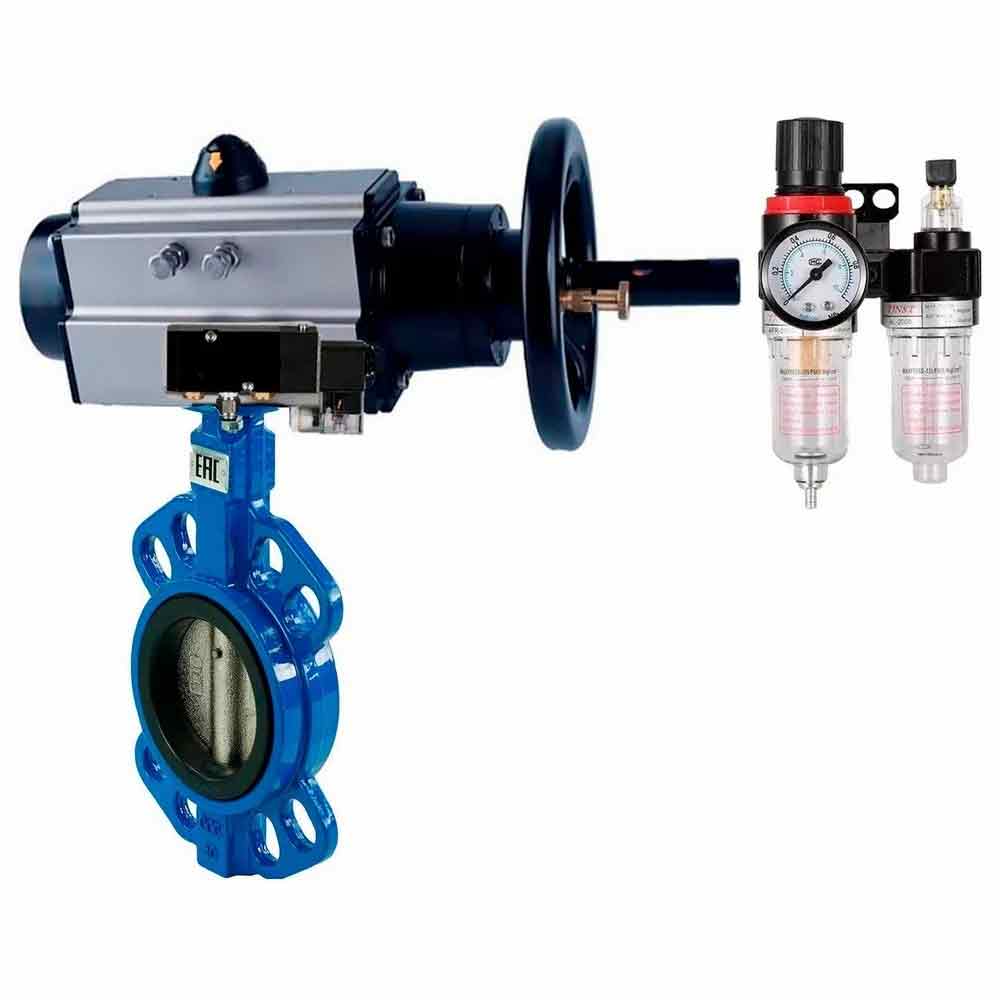 Water Butterfly Valve Elephant WBV1432N-2W-Fb body material - Cast iron GGG50/EN-GJS-500-7, disk material - Stainless steel AISI 316L/1.4404, seal - NBR with pneumatic actuator double acting PA-DA-105-1, pneumatic distributor 4V320-10 220V, water