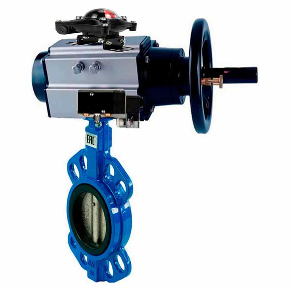 Water Butterfly Valve Elephant WBV1432N-2W-Fb body material - Cast iron GGG50/EN-GJS-500-7, disk material - Stainless steel AISI 316L/1.4404, seal - NBR with pneumatic actuator double acting PA-DA-105-1, pneumatic distributor 4M310-08 NAMUR , limit switch