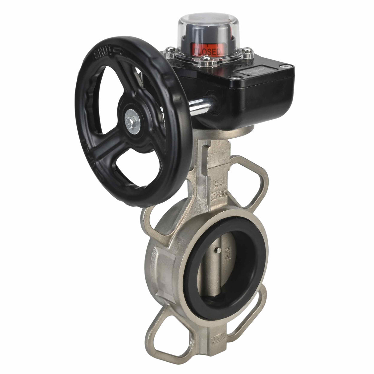 Water butterfly valve Elephant 316L-316L-VITON body material - stainless steel AISI 316L, disk material - stainless steel AISI 316L, seal - Viton with gear Elephant HGB, with position indicator