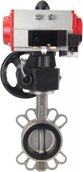 Water Butterfly Valve Elephant WBV3232V-2W-Fb-H, body material - stainless steel AISI 316L, disk material - stainless steel AISI 316L, seal - Viton, with pneumatic actuator double action PA-DA, 4V320-08 220V, handwheel MON
