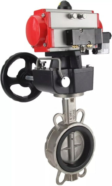 Water Butterfly Valve Elephant WBV3232V-2W-Fb-H, body material - stainless steel AISI 316L, disk material - stainless steel AISI 316L, seal - Viton, with pneumatic actuator double action PA-DA, 4V320-08 220V, handwheel MON