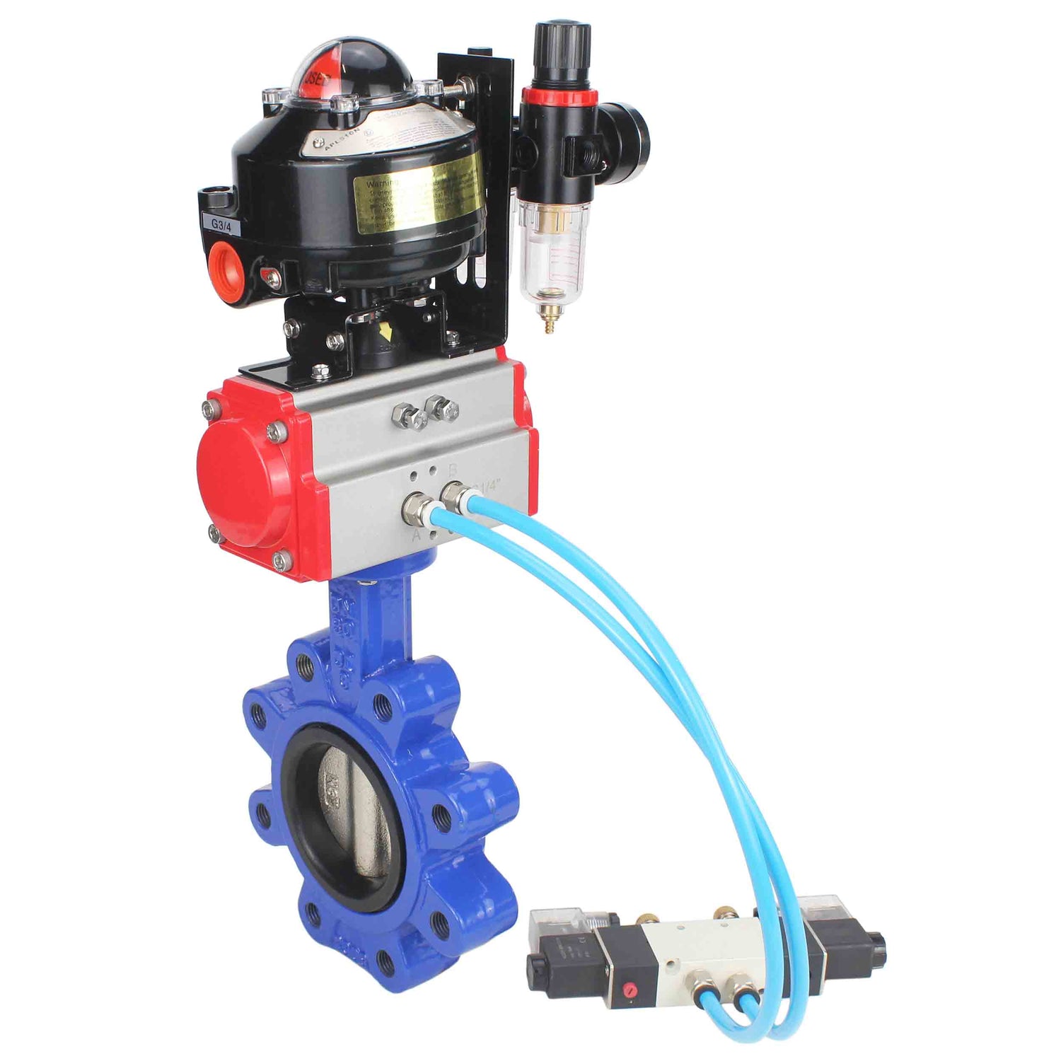 Water Butterfly Valve Elephant WBV1616N-2W-Fb-H, body material - cast iron QT450, disk material - cast iron QT450, seal - NBR, pneumatic actuator PA-DA double action, 4V320-08 220V, LSU APL-510N EX, ATU AFC2000