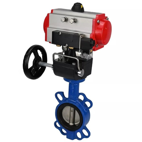 Water Butterfly Valve Elephant WBV3432N-2W-Fb-H, body material - carbon steel, disk material - stainless steel AISI 316L, seal - NBR, with pneumatic actuator double action PA-DA, 4V320-08 220V, handwheel MON