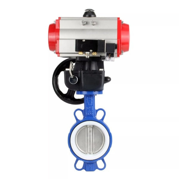 Water Butterfly Valve Elephant WBV3432P-2W-Fb-H, body material - carbon steel, disk material - stainless steel AISI 316L, seal - PTFE, with pneumatic actuator double action PA-DA, 4V320-08 220V, handwheel MON