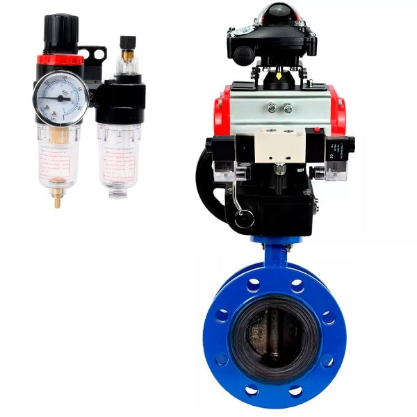 Water Butterfly Valve Elephant WBV1331E-2W-F-H, body material - Cast iron GGG40/EN-GJS-400-15, disk material - Stainless steel AISI 304, seal - EPDM, pneumatic actuator PA-DA double action, 4V320-08 220V, BKV APL-210N, handwheel MON, BPV AFC2000