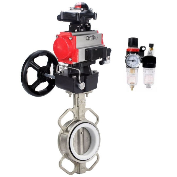 Butterfly valve Elephant WBV3232P-2W-Fb-H, body material - stainless steel AISI 316L, disk material - stainless steel AISI 316L, seal - PTFE, with pneumatic actuator double action PA-DA, 4V320-08 220V, BKV APL-210N, handwheel MON, BPV AFC2000