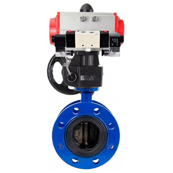 Water Butterfly Valve Elephant WBV1331E-2W-F-H, body material - Cast iron GGG40/EN-GJS-400-15, disk material - Stainless steel AISI 304, seal - EPDM, pneumatic actuator PA-DA double action, 4V320-10 220V handwheel MON