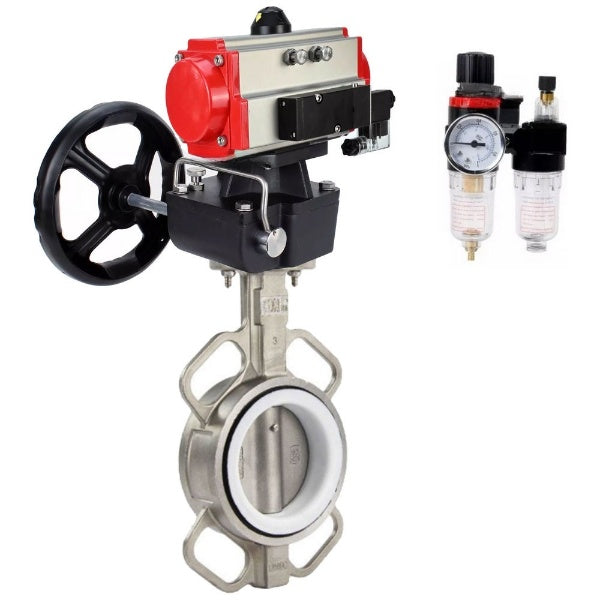 Butterfly valve Elephant WBV3232P-2W-Fb-H, body material - stainless steel AISI 316L, disk material - stainless steel AISI 316L, seal - PTFE, with pneumatic actuator double action PA-DA, 4V320-08 220V, handwheel MON, BPV AFC2000