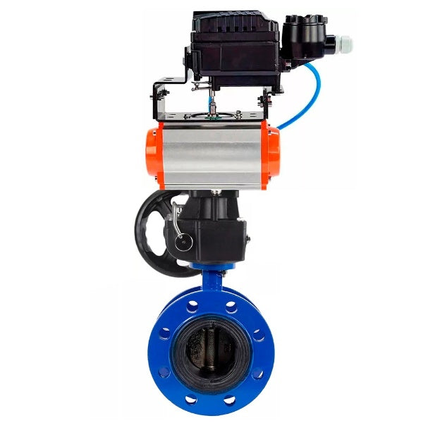 Water Butterfly Valve Elephant WBV1331E-2W-F-H, body material - Cast iron GGG40/EN-GJS-400-15, disk material - Stainless steel AISI 304, seal - EPDM, pneumatic actuator PA-DA double action, positioner YT-1000RSN without feedback, handwheel MON