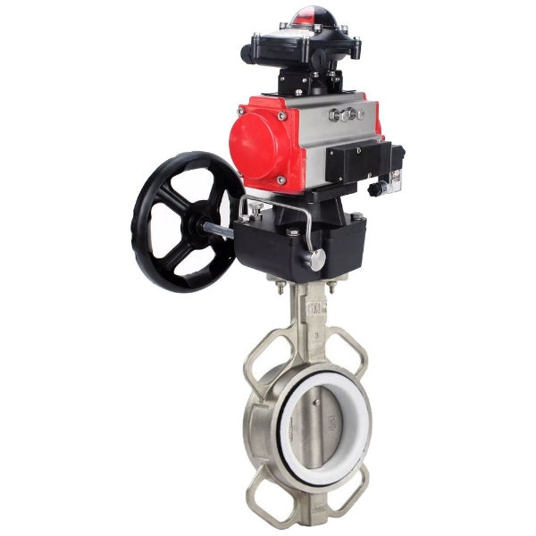 Butterfly valve Elephant WBV3232P-2W-Fb-H, body material - stainless steel AISI 316L, disk material - stainless steel AISI 316L, seal - PTFE, with pneumatic actuator double action PA-DA, 4V320-10 220V, BKV APL-410N Ex, handwheel MON