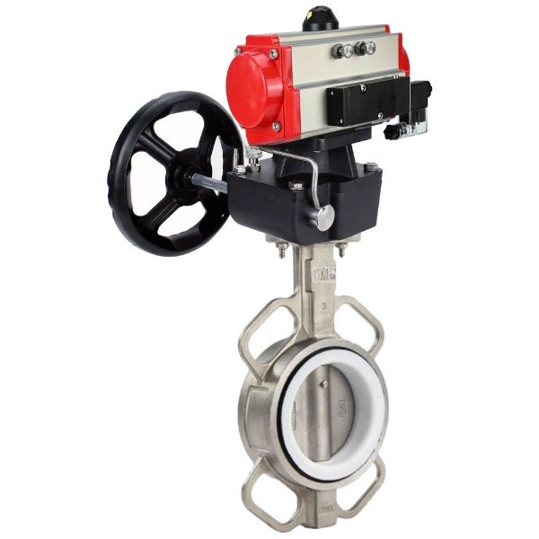 Butterfly valve Elephant WBV3232P-2W-Fb-H, body material - stainless steel AISI 316L, disk material - stainless steel AISI 316L, seal - PTFE, with pneumatic actuator double action PA-DA, 4V320-10 220V, handwheel MON