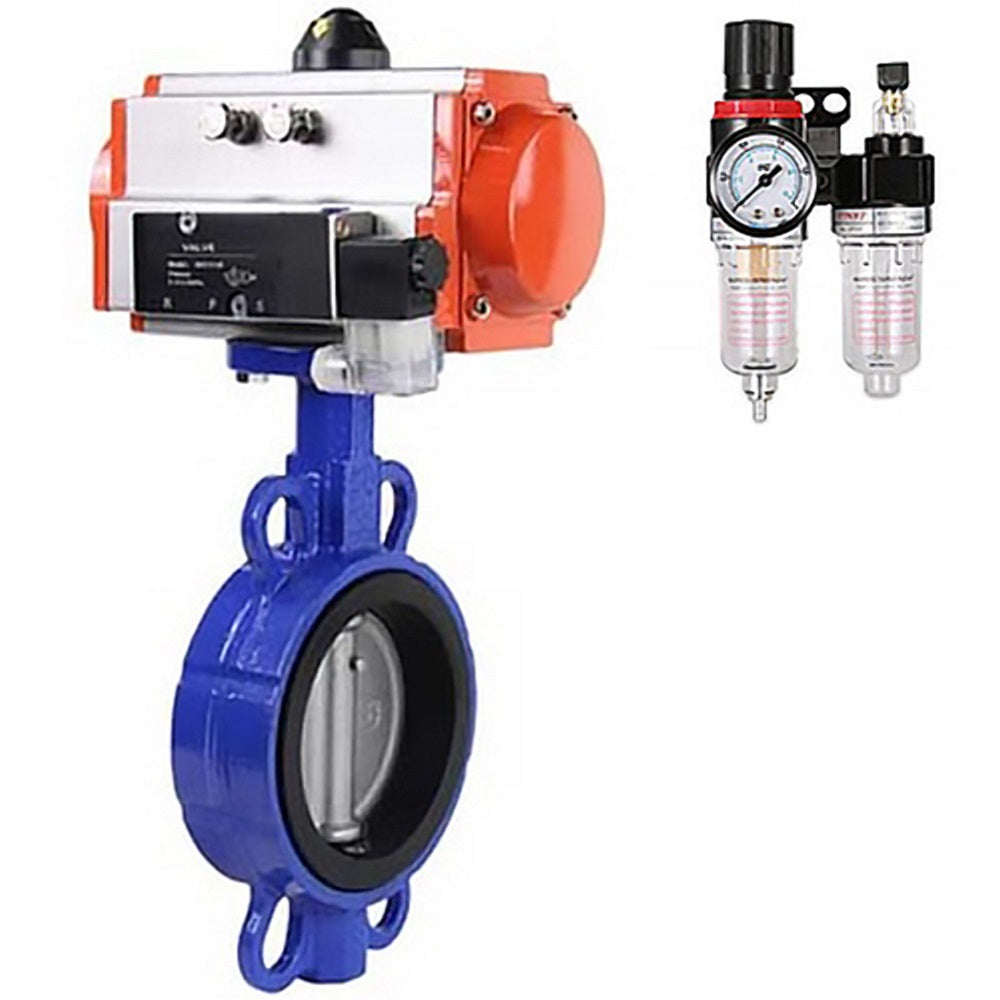 Water Butterfly Valve Elephant WBV1631N-2W-Fb-H, body material - cast iron QT450, disk material - Stainless steel AISI 304, seal - NBR, pneumatic actuator PA-SA with return springs, 4V320-08 220V BPV AFC2000