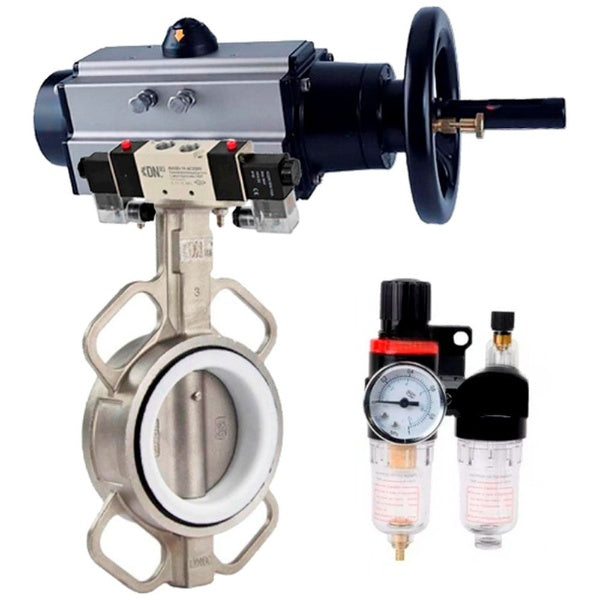 Butterfly valve Elephant WBV3232P-2W-Fb-H, body material - stainless steel AISI 316L, disk material - stainless steel AISI 316L, seal - PTFE, with pneumatic actuator double action PA-DA-105-1, 4V320-08 220V, ATU AFC2000