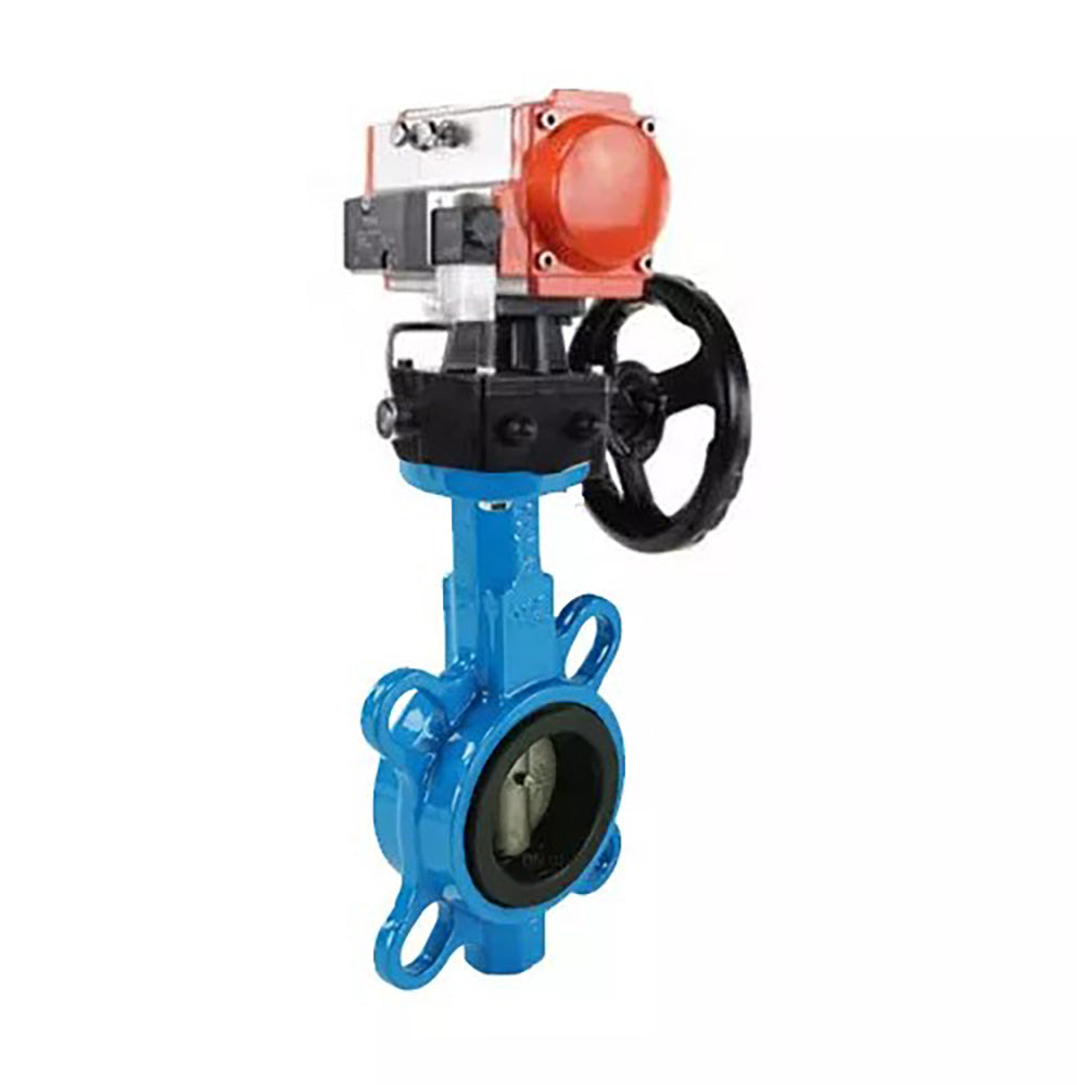 Water Butterfly Valve Elephant WBV1632E-2W-Fb-H, body material - cast iron QT450, disk material - stainless steel AISI 316L, seal - EPDM, pneumatic actuator PA-DA double action, 4V320-08 220V handwheel HDM