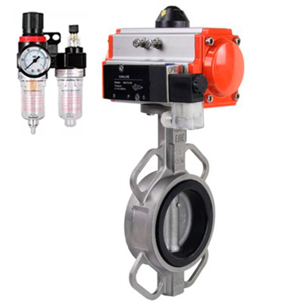 Water Butterfly Valve Elephant WBV3131V-2W-Fb-H, body material - Stainless steel AISI 304, disk material - Stainless steel AISI 304, seal - Viton, pneumatic actuator PA-SA with return springs, 4V320-08 220V BPV AFC2000