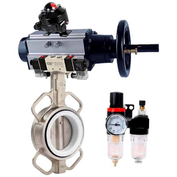 Butterfly valve Elephant WBV3232P-2W-Fb-H, body material - stainless steel AISI 316L, disk material - stainless steel AISI 316L, seal - PTFE, with pneumatic actuator double action PA-DA-105-1, 4V320-08 220V, BKV APL-210N, BPV AFC2000