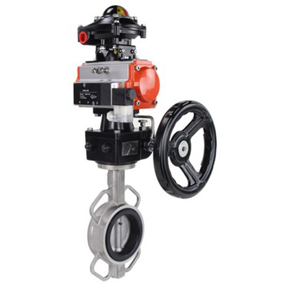 Water Butterfly Valve Elephant WBV3131N-2W-Fb-H, body material - Stainless steel AISI 304, disk material - Stainless steel AISI 304, seal - NBR, pneumatic actuator PA-DA double action, 4V320-08 220V, BKV APL-410N EX, handwheel MON