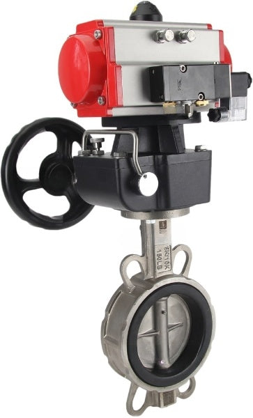 Water Butterfly Valve Elephant WBV3131V-2W-Fb-H, body material - Stainless steel AISI 304, disk material - Stainless steel AISI 304, seal - Viton, pneumatic actuator PA-DA double action, 4V320-10 220V handwheel MON