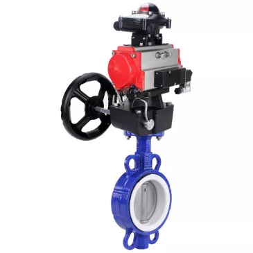 Water Butterfly Valve Elephant WBV3432P-2W-Fb-H, body - carbon steel WCB, seal - PTFE, with pneumatic drive PA-DA, with pneumatic distributor 4V320-10 220V, BKV APL-210N, manual override MON