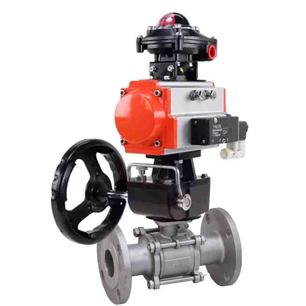 Ball valves Elephant BV3131P(3pc)-FP-F-ISO-H,  body material - Stainless steel AISI 304, seal - PTFE / PTFE / Teflon, with pneumatic actuator double action PA-DA, 4V320-10 220V, BKV APL-210N, handwheel MON